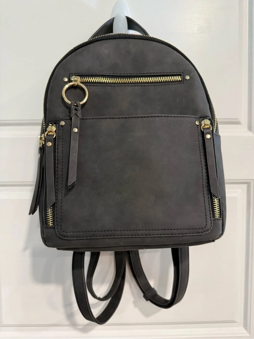 Black Faux Leather Mini Backpack Purse Gold Hardware